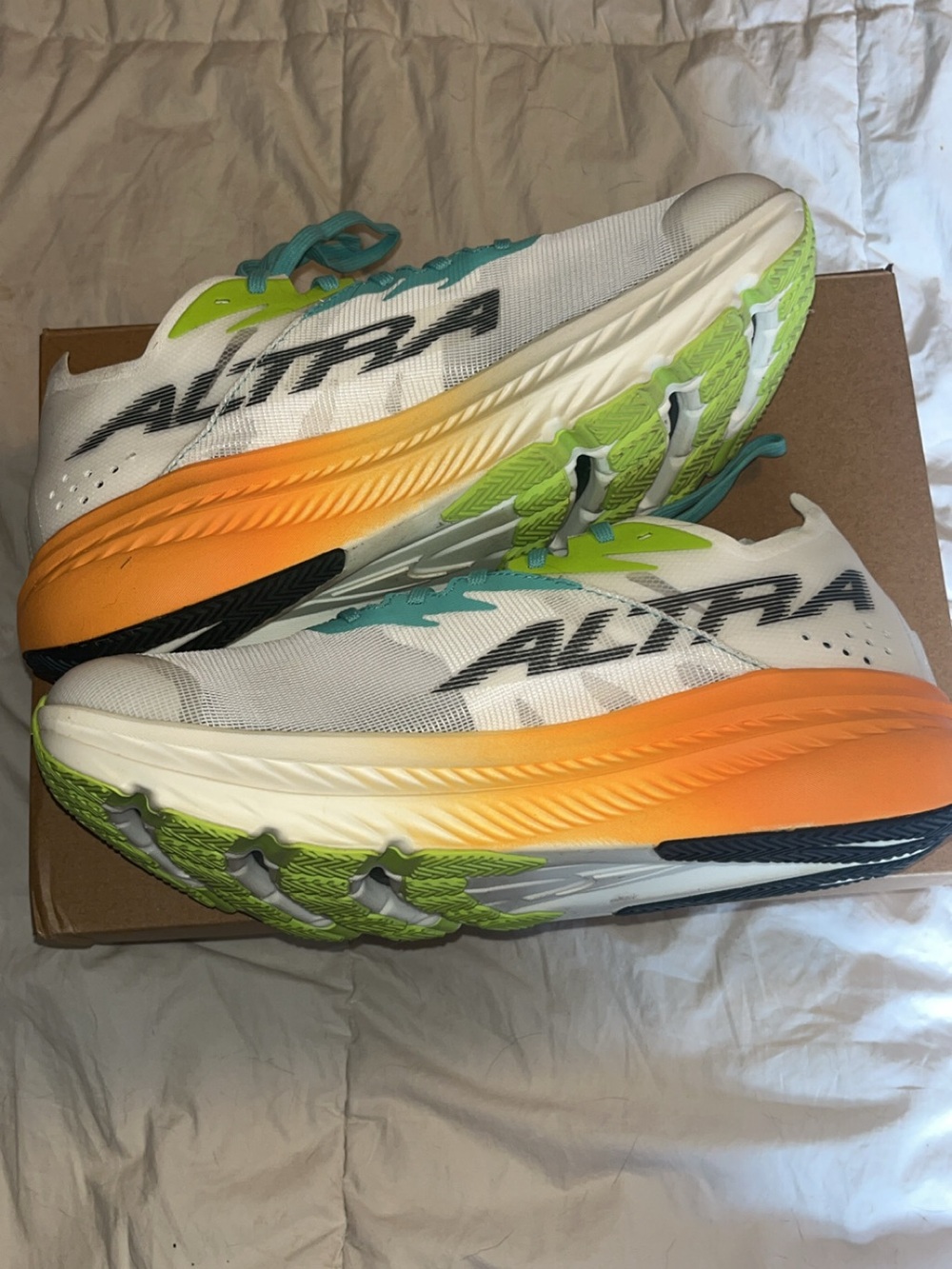 Altra White Orange Gradient Running Shoes with Lime and Teal Accents